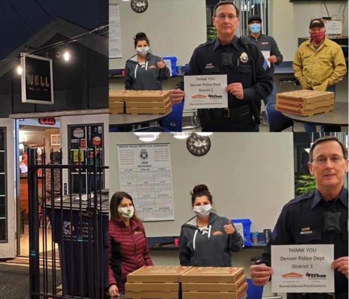 collage of photos, a local pizzaria donated food to support the local police department
