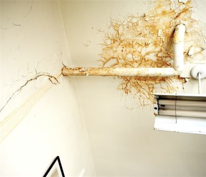 Orange wet stains on the ceiling due to a roof leak.
